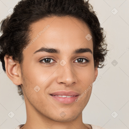 Joyful latino young-adult male with short  brown hair and brown eyes