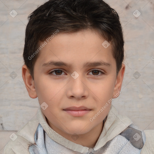 Joyful white child male with short  brown hair and brown eyes