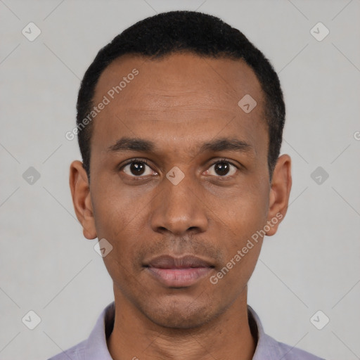 Neutral black young-adult male with short  black hair and brown eyes