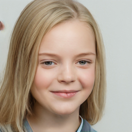 Joyful white child female with medium  brown hair and blue eyes