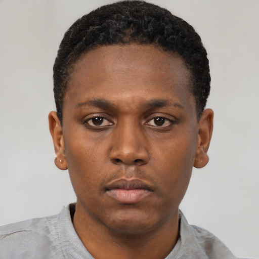 Neutral black young-adult male with short  black hair and brown eyes