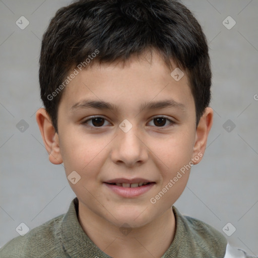 Joyful white child male with short  brown hair and brown eyes
