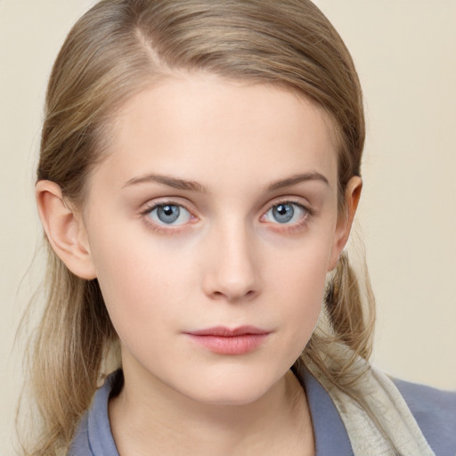 Neutral white child female with medium  brown hair and blue eyes