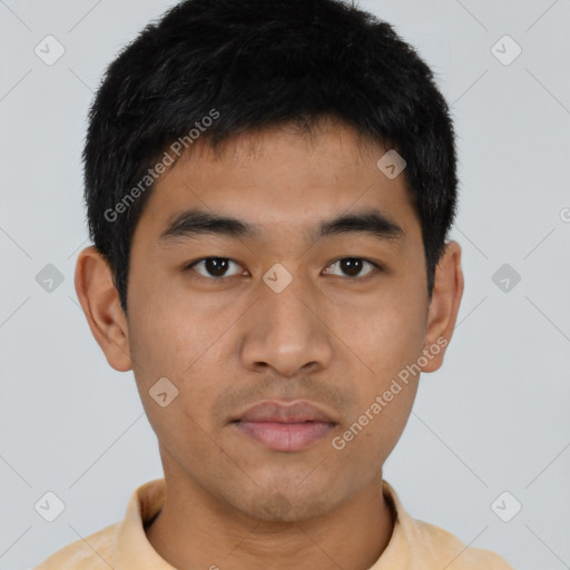 Neutral asian young-adult male with short  brown hair and brown eyes
