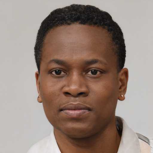 Neutral black young-adult male with short  black hair and brown eyes