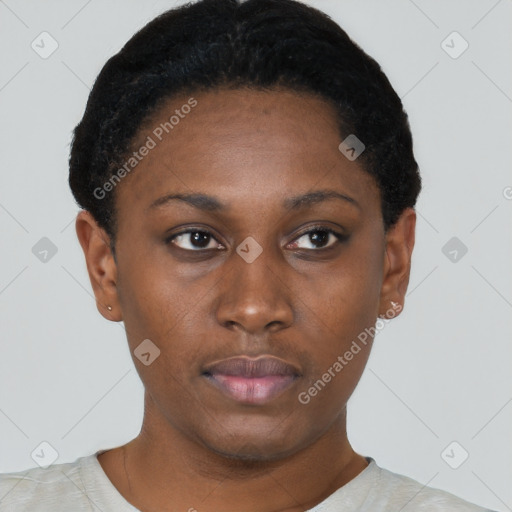 Neutral black young-adult female with short  black hair and brown eyes