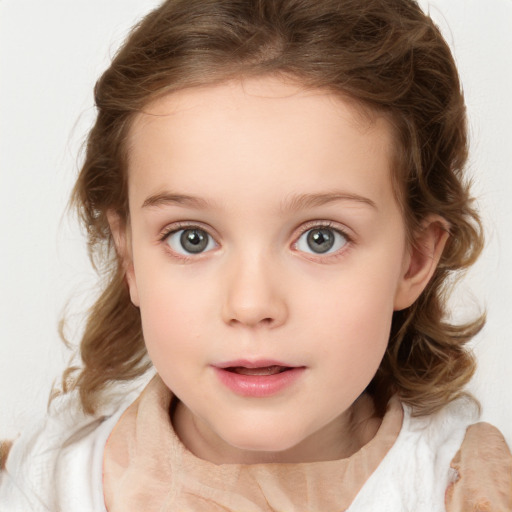 Neutral white child female with medium  brown hair and blue eyes