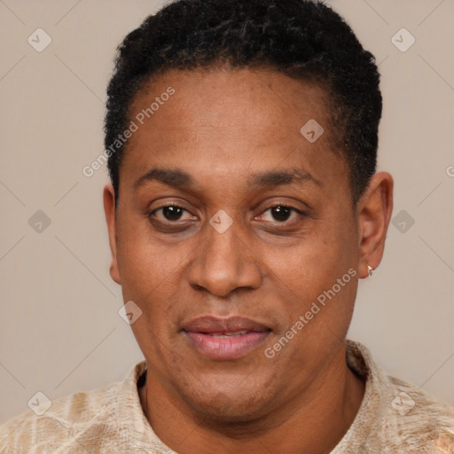 Joyful latino adult male with short  black hair and brown eyes