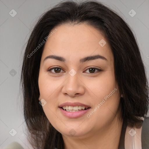 Joyful white young-adult female with long  brown hair and brown eyes