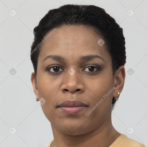 Neutral black young-adult female with short  black hair and brown eyes