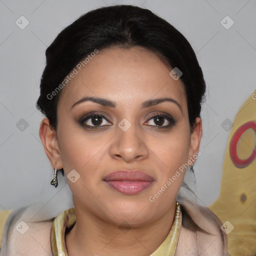 Joyful latino young-adult female with short  brown hair and brown eyes