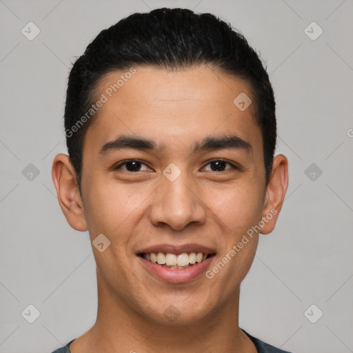 Joyful latino young-adult male with short  black hair and brown eyes