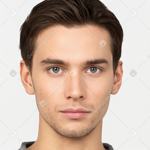 Neutral white young-adult male with short  brown hair and brown eyes