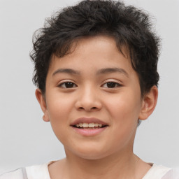 Joyful asian child male with short  brown hair and brown eyes