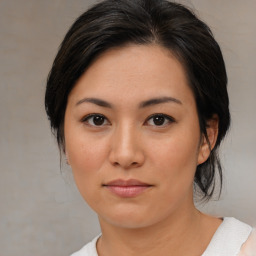 Neutral asian young-adult female with medium  black hair and brown eyes