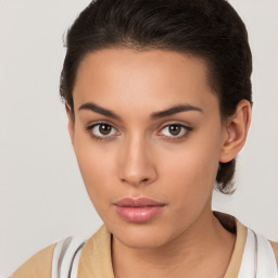 Neutral white young-adult female with short  brown hair and brown eyes