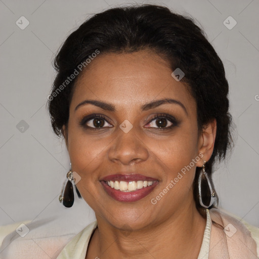 Joyful black young-adult female with medium  brown hair and brown eyes