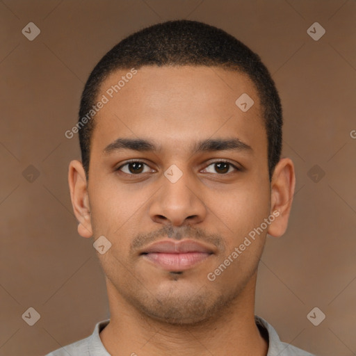 Neutral latino young-adult male with short  brown hair and brown eyes