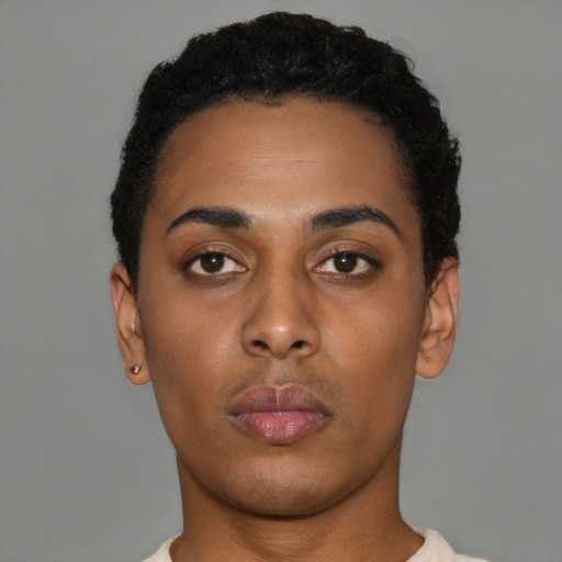 Neutral black young-adult female with short  black hair and brown eyes