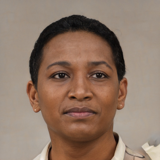 Neutral black young-adult female with short  black hair and brown eyes
