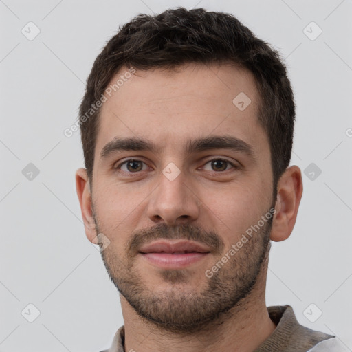 Neutral white young-adult male with short  brown hair and brown eyes