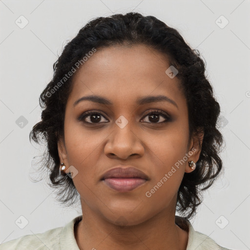 Joyful black young-adult female with medium  brown hair and brown eyes