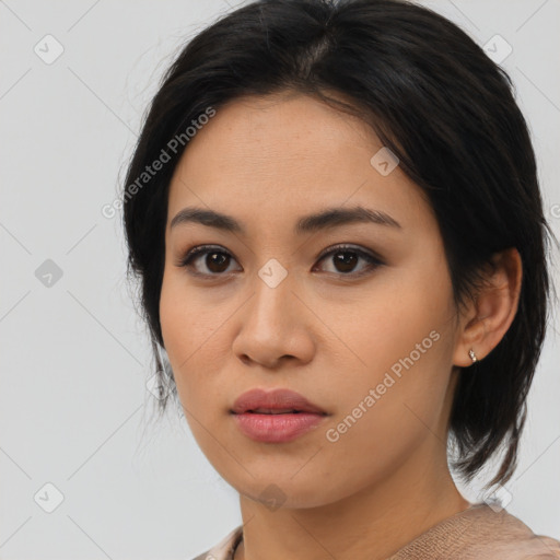 Neutral asian young-adult female with medium  black hair and brown eyes