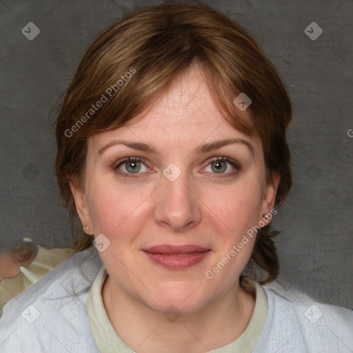 Joyful white young-adult female with medium  brown hair and blue eyes