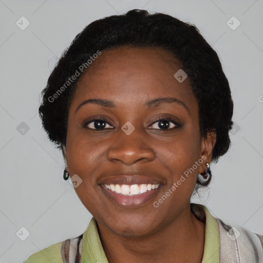 Joyful latino young-adult female with medium  black hair and brown eyes