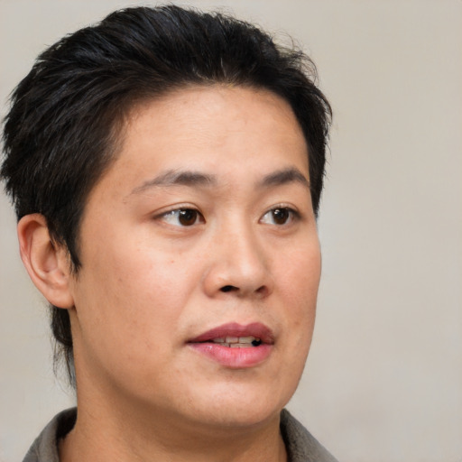 Neutral asian adult male with short  brown hair and brown eyes