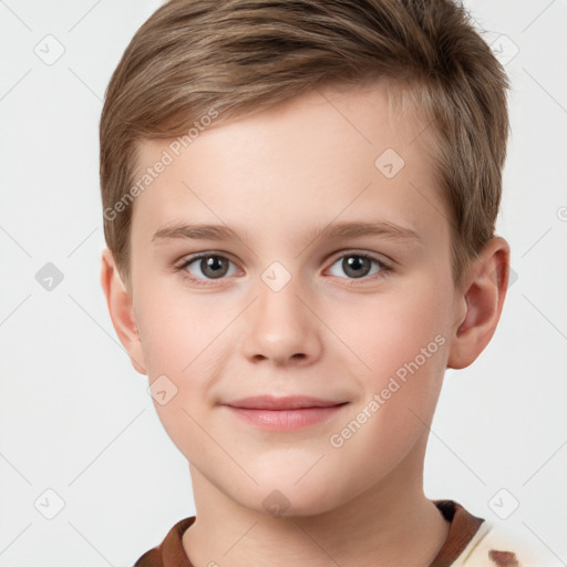 Joyful white child male with short  brown hair and brown eyes