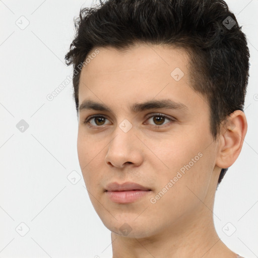 Neutral white young-adult male with short  brown hair and brown eyes