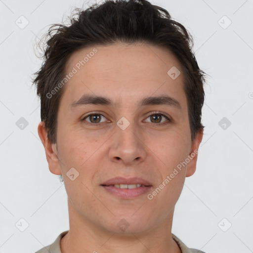 Joyful white young-adult male with short  brown hair and brown eyes