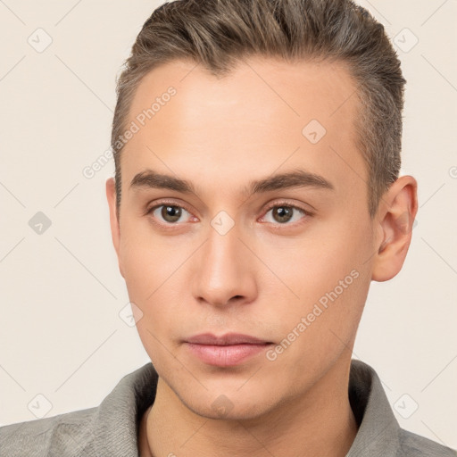 Neutral white young-adult male with short  brown hair and brown eyes