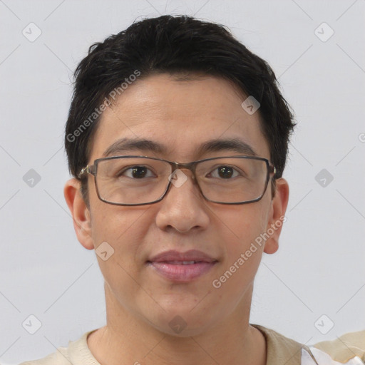 Joyful asian young-adult male with short  brown hair and brown eyes