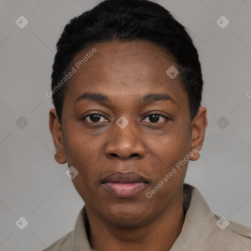 Neutral black adult female with short  black hair and brown eyes