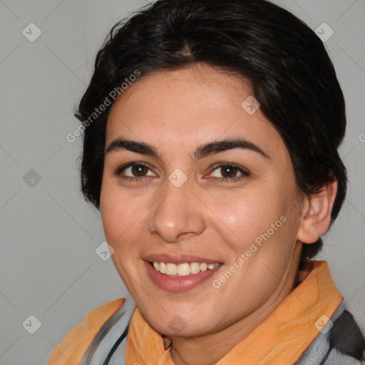 Joyful white young-adult female with medium  brown hair and brown eyes