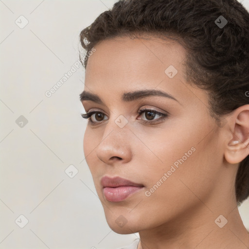 Neutral white young-adult female with short  brown hair and brown eyes