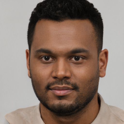 Neutral latino young-adult male with short  black hair and brown eyes