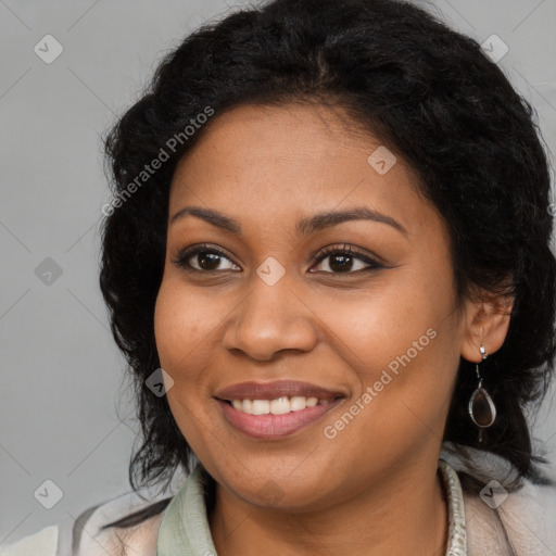 Joyful latino young-adult female with long  brown hair and brown eyes