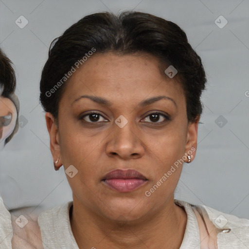 Joyful black adult female with short  brown hair and brown eyes