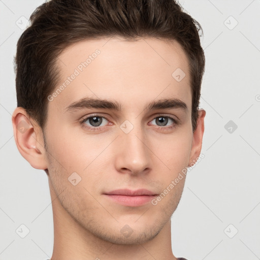 Neutral white young-adult male with short  brown hair and brown eyes