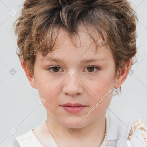 Joyful white child female with medium  brown hair and brown eyes