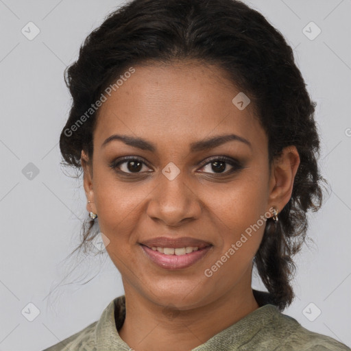 Joyful black young-adult female with medium  brown hair and brown eyes