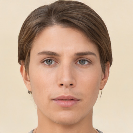 Neutral white young-adult female with short  brown hair and brown eyes