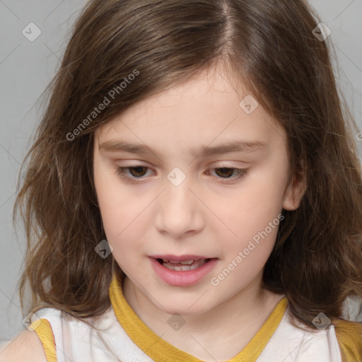 Joyful white child female with medium  brown hair and brown eyes