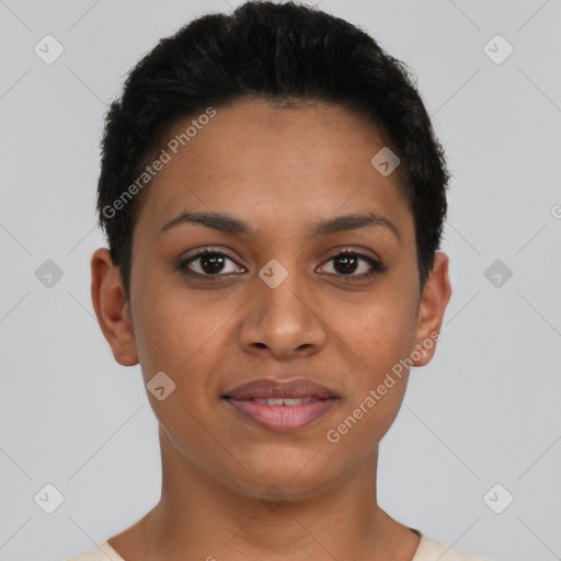 Joyful latino young-adult female with short  brown hair and brown eyes