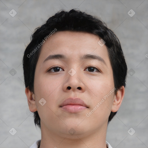 Neutral asian young-adult male with short  brown hair and brown eyes