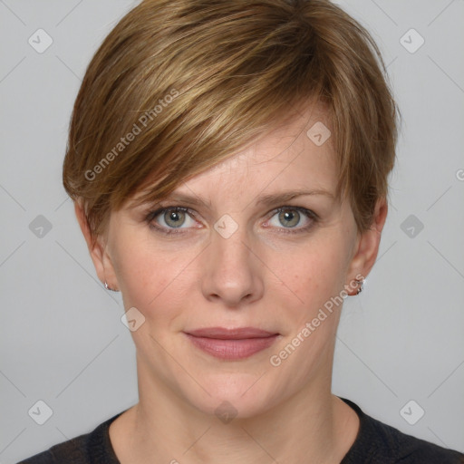 Joyful white adult female with medium  brown hair and grey eyes