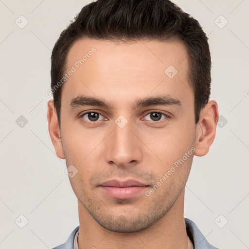 Neutral white young-adult male with short  brown hair and brown eyes